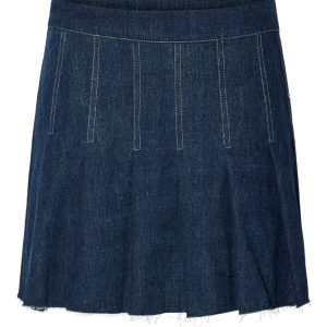 Pieces - Nederdel - PC Fabia Short Plisse Denim Skirt AU24 - Dark Blue Denim