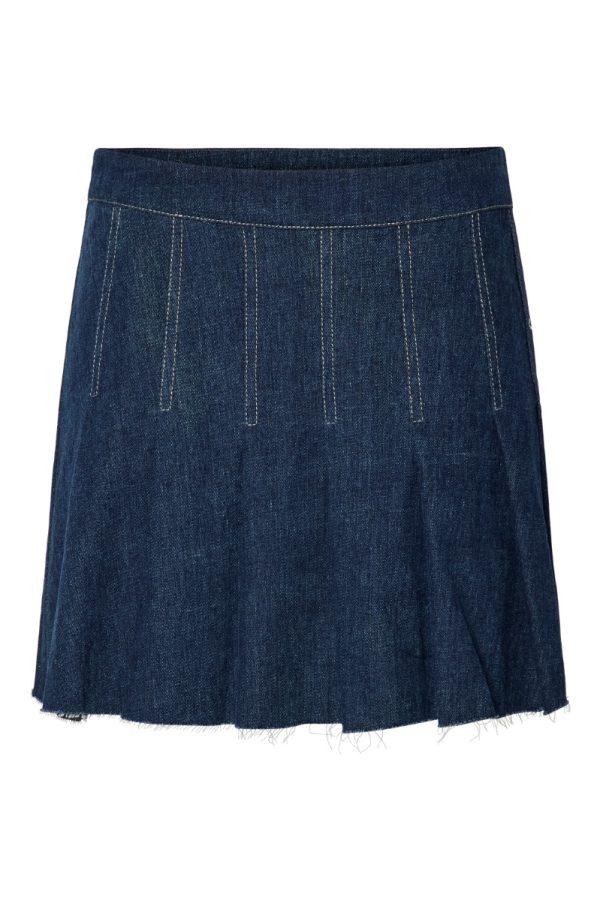 Pieces - Nederdel - PC Fabia Short Plisse Denim Skirt AU24 - Dark Blue Denim