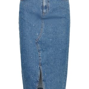 Pieces - Nederdel - Pcsky Hw Rhinestone Midi Skirt - Medium Blue Denim