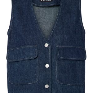 Pieces - Vest - PC Fabia Sl V-Neck Denim Vest AU24 - Dark Blue Denim