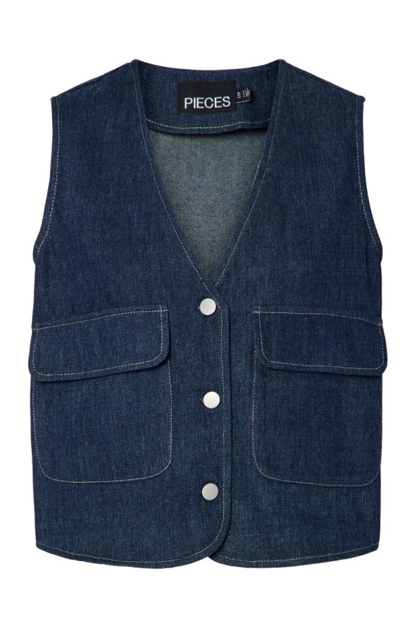 Pieces - Vest - PC Fabia Sl V-Neck Denim Vest AU24 - Dark Blue Denim