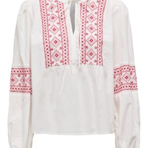 JDY - Bluse - Lulu L/S Embroidery Shirt - Cloud Dancer/red