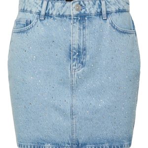 Pieces - Nederdel - Noel Denim Short Skirt - Light Blue Denim / Rhine Stones