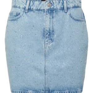 Pieces - Nederdel - Noel Denim Short Skirt - Light Blue Denim / Rhine Stones